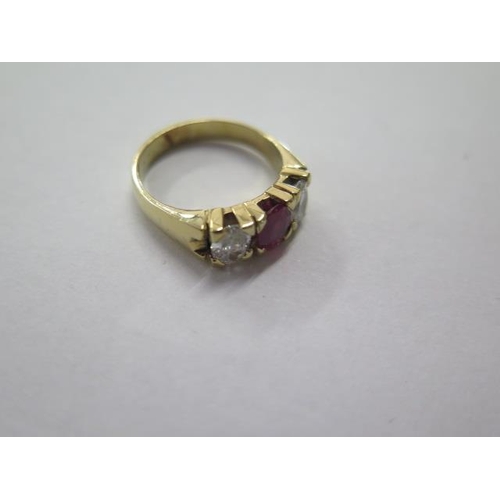 478 - A yellow gold three stone ruby and diamond ring, each stone approx 0.25ct, diamonds bright and livel... 