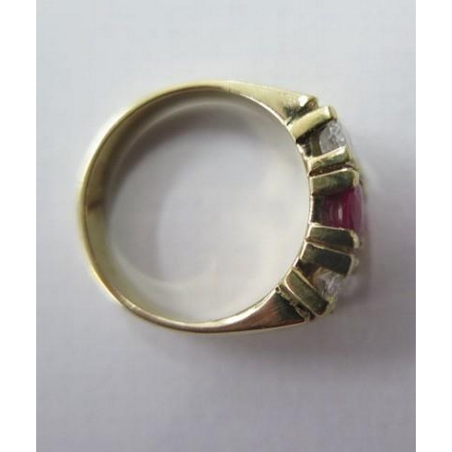 478 - A yellow gold three stone ruby and diamond ring, each stone approx 0.25ct, diamonds bright and livel... 