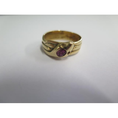 498 - A yellow gold serpent ring, size S, approx 6.8 grams tests to approx 9ct, missing eye stones and top... 