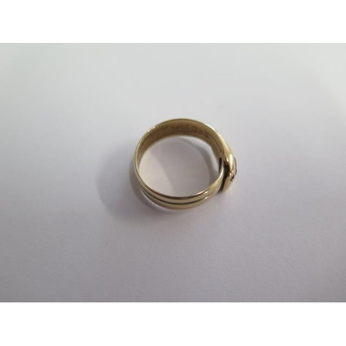 498 - A yellow gold serpent ring, size S, approx 6.8 grams tests to approx 9ct, missing eye stones and top... 