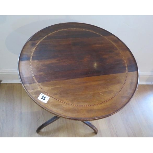 55 - A pretty inlaid mahogany side / wine table on a turned column and tripod base, 70cm tall x 45cm diam... 