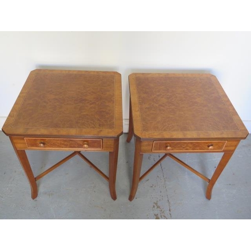 80 - A pair of new burr wood lamp / wine tables, each with a single drawer, made by a local craftsman to ... 