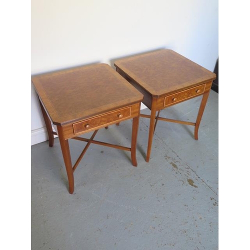 80 - A pair of new burr wood lamp / wine tables, each with a single drawer, made by a local craftsman to ... 