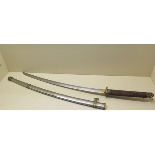 901 - A  Japanese  sword, 27 inch single edge blade with polished scabbard, grip seized