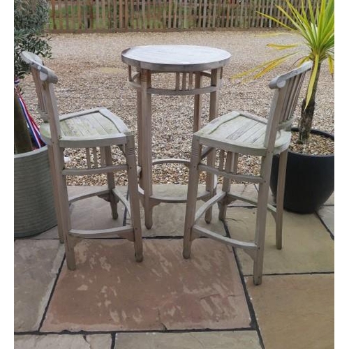 15 - A wooden garden bar table and two chair set, table 100cm tall x 60cm, weathered condition