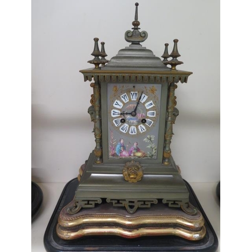 150 - A good 19th century French silvered and gilt metal chinoiserie decorated clock garniture set with a ... 