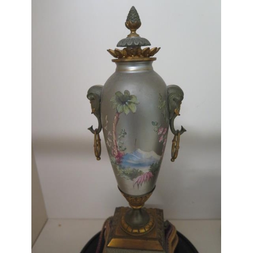 150 - A good 19th century French silvered and gilt metal chinoiserie decorated clock garniture set with a ... 