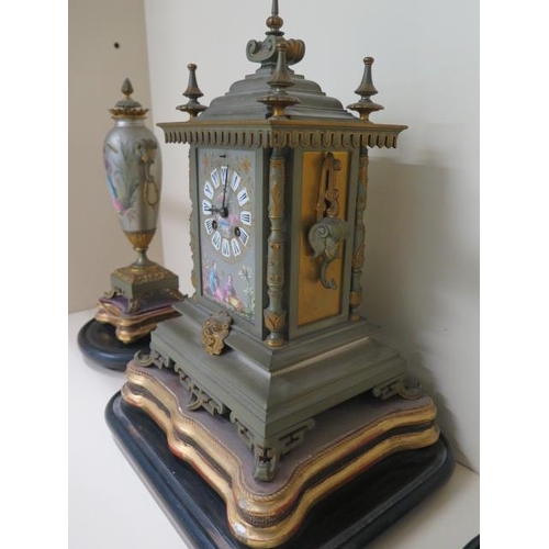 150 - A good 19th century French silvered and gilt metal chinoiserie decorated clock garniture set with a ... 