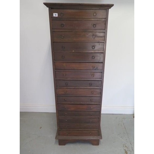 16 - A hardwood collectors 15 drawer chest, 140cm tall x 50cm x 42cm