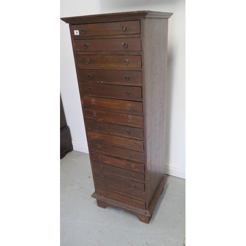 16 - A hardwood collectors 15 drawer chest, 140cm tall x 50cm x 42cm