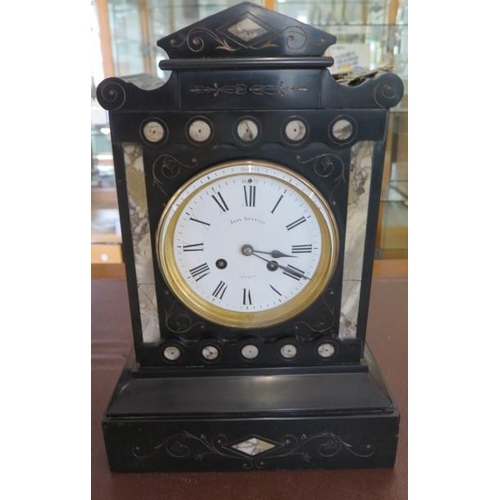 A good 8 day slate with marble inlay clock, the dial and movement marked John Bennett Cheapside London, 38cm tall, not currently running