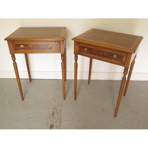19 - A pair of new burr wood crossbanded lamp tables each with a drawer on turned legs, made by a local c... 