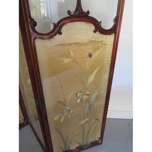 54 - A 19th century mahogany ornate salon three fold vanity screen with silk linings and glazed top, 190c... 