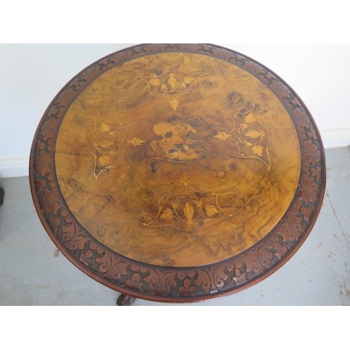 56 - A Victorian carved walnut side table inlaid with George and the Dragon, 71cm tall x 49cm diameter