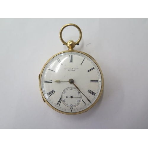 664 - An 18ct yellow gold key wind pocket watch by Kendall & Dent, London, 50mm case, total weight approx ... 