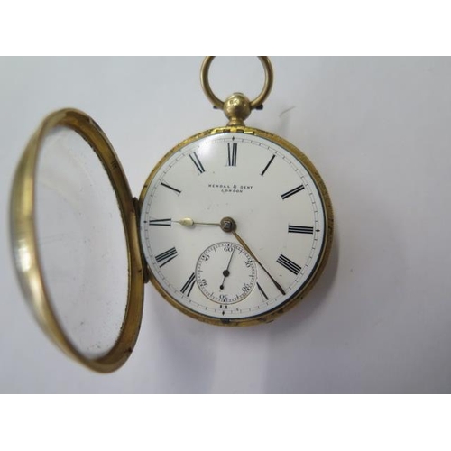 664 - An 18ct yellow gold key wind pocket watch by Kendall & Dent, London, 50mm case, total weight approx ... 