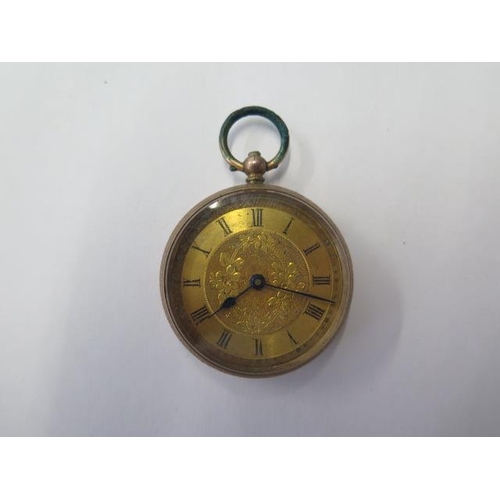 670 - A 9ct gold plated pocket watch with base metal dust cover and top ring, 35mm case, no key, ticks