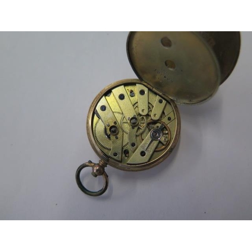 670 - A 9ct gold plated pocket watch with base metal dust cover and top ring, 35mm case, no key, ticks