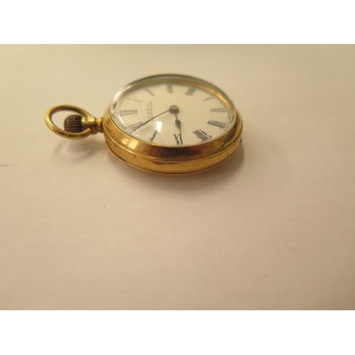 673 - An 18ct yellow gold ladies pocket watch by A.W.W. Co Waltham, 35mm case, top wind ticks but stops, p... 