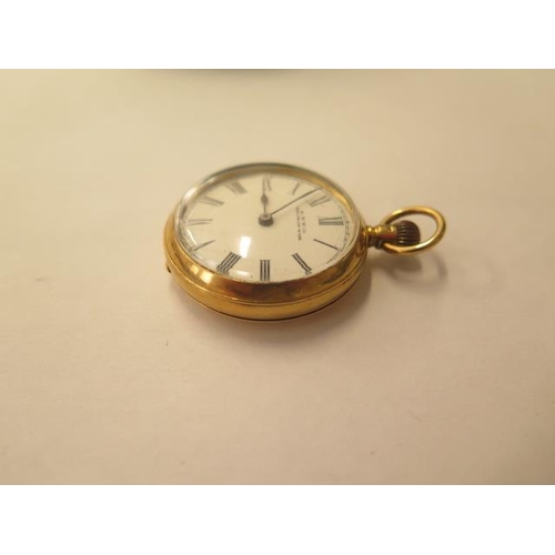 673 - An 18ct yellow gold ladies pocket watch by A.W.W. Co Waltham, 35mm case, top wind ticks but stops, p... 