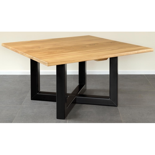 9 - A new good quality solid oak and steel dining table, 76cm tall x 141cm x 140cm RRP £885