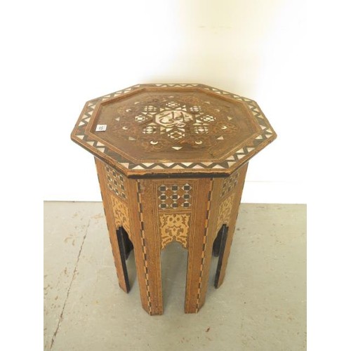 101 - A mother of pearl inlaid Damascus side table, 62cm tall x 47cm wide, some inlay loss mainly to top