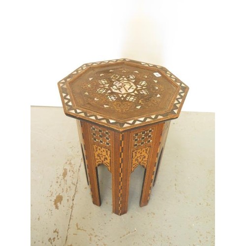 101 - A mother of pearl inlaid Damascus side table, 62cm tall x 47cm wide, some inlay loss mainly to top