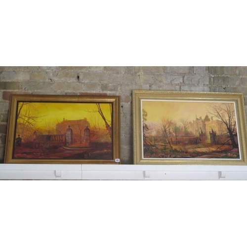 222 - Two gilt framed oil on canvas painting of stately homes, unsigned, largest 61cm x 88cm frame size, b... 