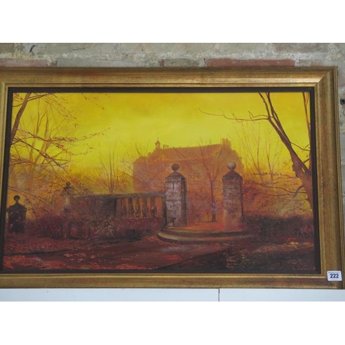 222 - Two gilt framed oil on canvas painting of stately homes, unsigned, largest 61cm x 88cm frame size, b... 