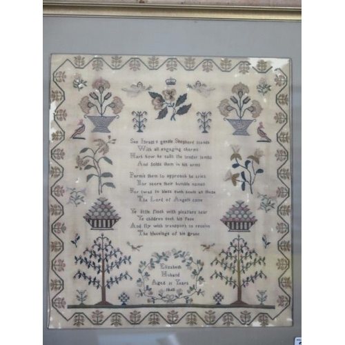 225 - A 19th century pictorial and prose needlework sampler Elizabeth Huband aged 11 1840, frame size 51cm... 