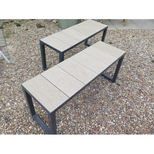 27A - A pair of steel garden patio stools with wood effect poly seats, 47cm tall x 108cm x 36cm