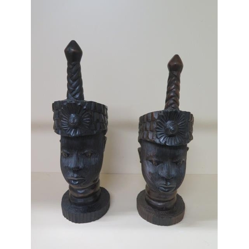 316 - A large pair of Nigerian IFE wooden well carved heads, tallest 44cm, minor chip to ear and repair to... 