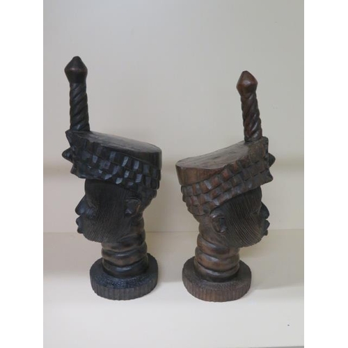 316 - A large pair of Nigerian IFE wooden well carved heads, tallest 44cm, minor chip to ear and repair to... 