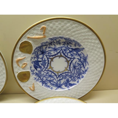 319 - A set of 6 blue and white and gilt seafood plates, 26cm diameter, some wear but generally good, a bl... 