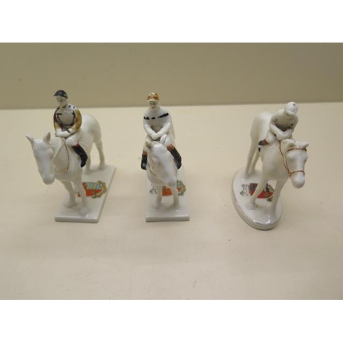 329 - Three crested ware jockeys and racehorses Carlton China and Arcadian. Pretty and Co and Hobbs bros N... 