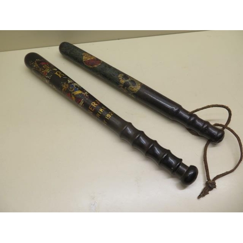 338 - Two decorated truncheons, one with General Strike 1926, 38cm and 36cm, please see images for conditi... 