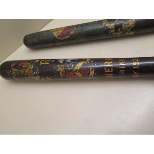 338 - Two decorated truncheons, one with General Strike 1926, 38cm and 36cm, please see images for conditi... 