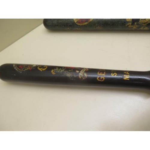 338 - Two decorated truncheons, one with General Strike 1926, 38cm and 36cm, please see images for conditi... 