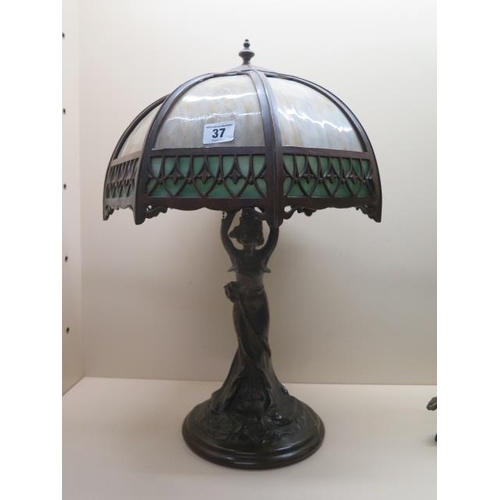 37 - An Art Nouveau style bronze figural table lamp with a coloured glass shade, 52cm tall, will need wir... 