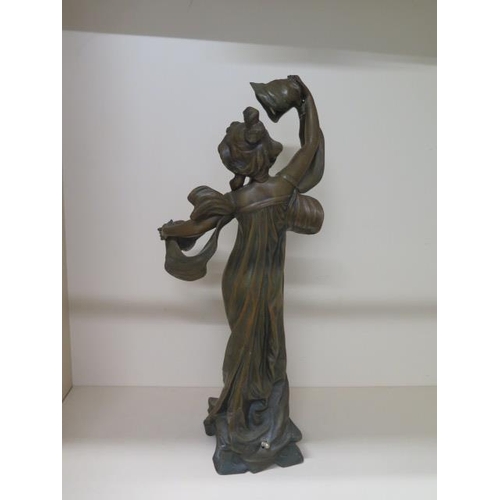 38 - A spelter metal bronzed figural Art Nouveau style table lamp, 63cm tall, will need wiring, repair to... 