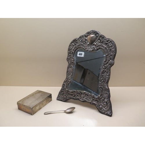 405 - A large white metal fronted mirror 36cm x 27cm, some general wear, mirror reasonably good, a silver ... 