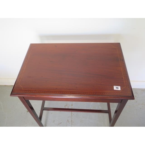 41 - An Edwardian mahogany inlaid and boxwood strung lamp table, in polished condition, 74cm tall x 60cm ... 