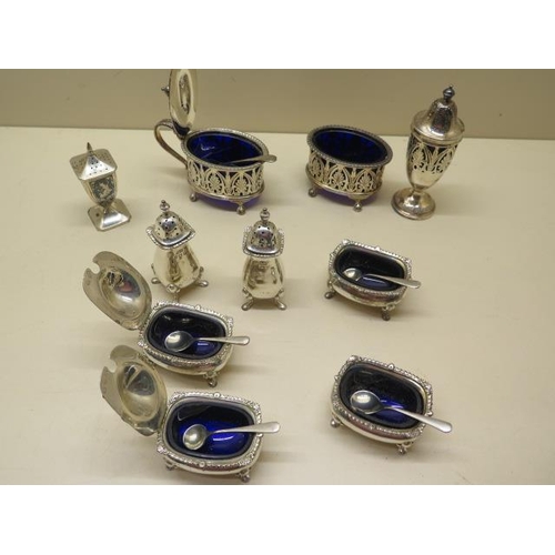 415 - A silver Mappin and Webb silver 6 piece cruet, a Niello pepper and a plated 3 piece cruet, total sil... 