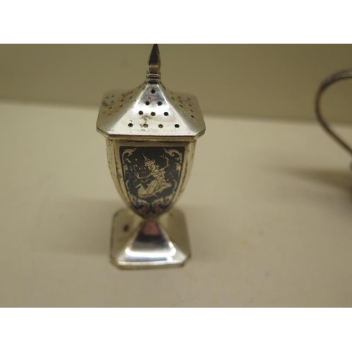 415 - A silver Mappin and Webb silver 6 piece cruet, a Niello pepper and a plated 3 piece cruet, total sil... 