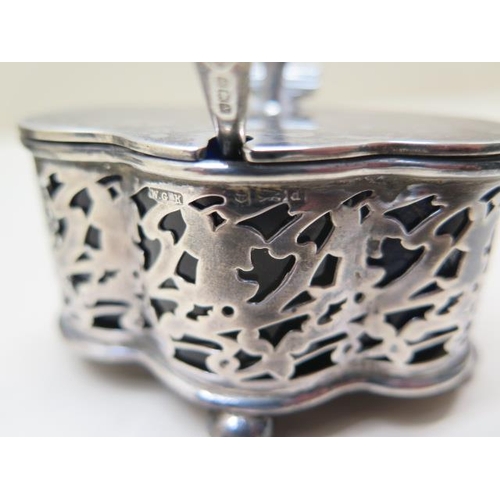 423 - An oval silver jewellery trinket box 6cm tall x 15cm x 10cm, a shaped silver mustard - liner broken ... 