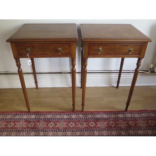 48 - A pair of burr oak lamp tables each with a drawer on turned legs, made by a local craftsman to a hig... 