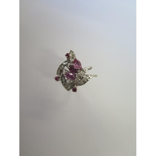 487 - A ruby and diamond flower spray designer ring set in palladium, size M, head approx 21mm x 21mm, app... 