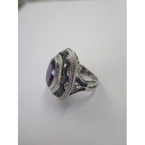 489 - A silver 925 amethyst (good colour) large designer ring, size P, head approx 29mm x 26mm, in good co... 