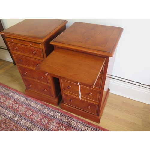 49 - A pair of yew wood veneer bedside 4 drawer chests with a slide made by a local craftsman to a high s... 