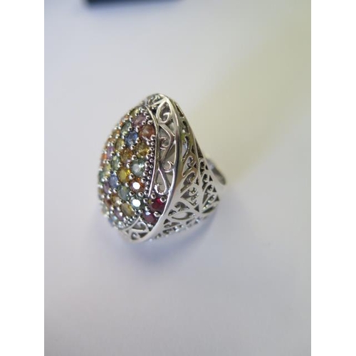 490 - A silver 925 multi colour sapphire large designer ring, size P, head approx 33mm x 26mm, in good con... 